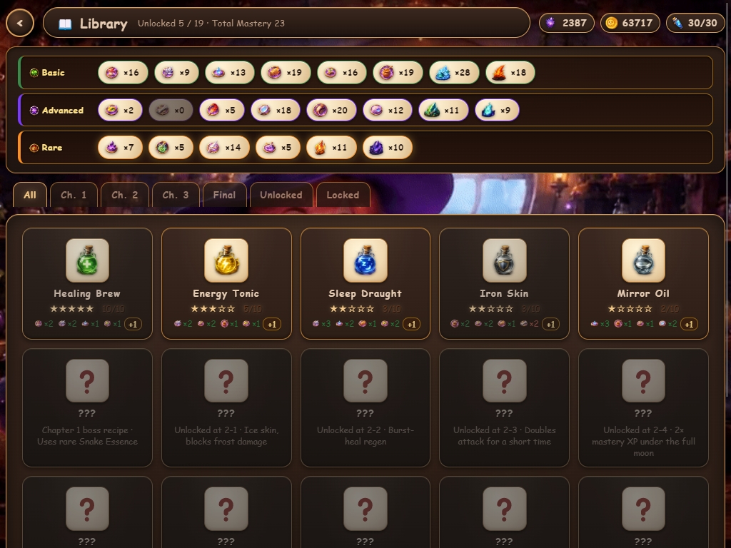 Potion Panic recipe library screen